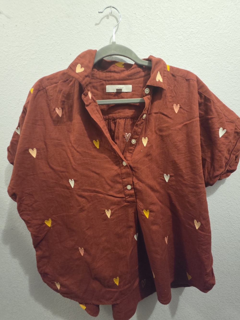 LOFT Women's Burgundy and Red Shirt Rust Heart-Print Girls' Button Top